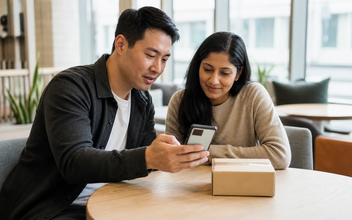 Deux utilisateurs consultent ensemble les informations d’un colis